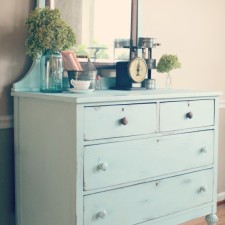 Old Pickup Blue Dresser {another DIY chalky paint finish recipe, leg reconstruction, and my very own goofball}